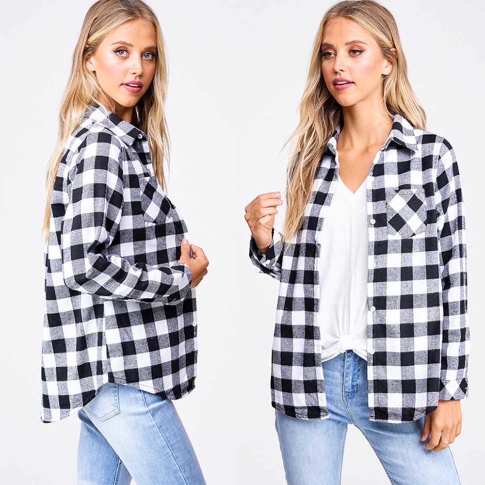 Black and White Button Down Plaid Fleece Flannel
